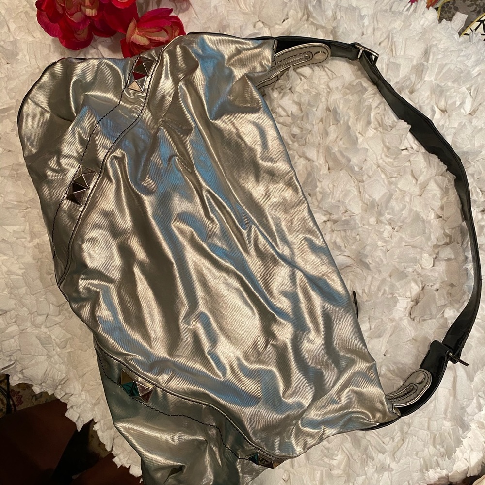 Maxx New York Signature Silver Metallic Hobo Purse